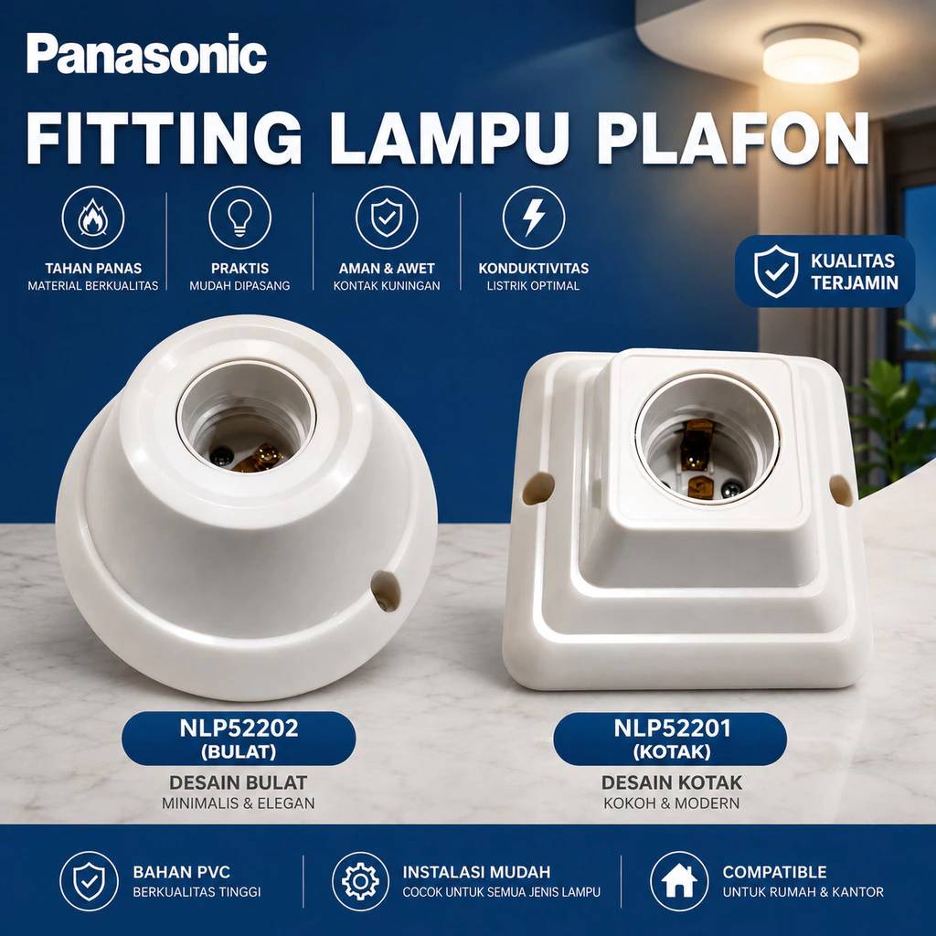 Panasonic Fitting Plafon Bulat Kotak E27 Putih Tempel Dudukan Lampu Plavon