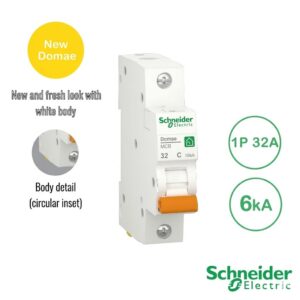 Schneider New Domae MCB 1P 32A 6kA DOMF01132 1 Phase Putih Original
