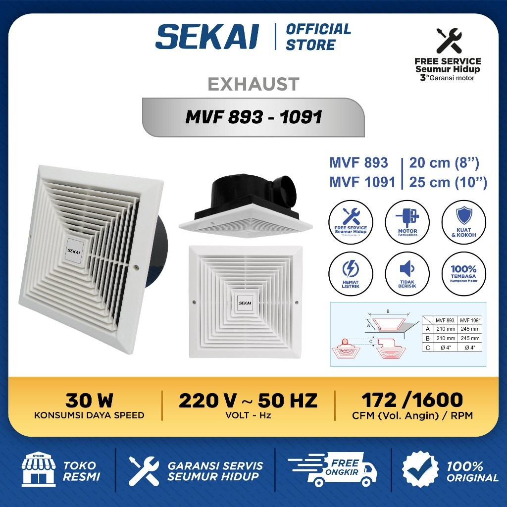 Sekai MVF 893 Ceiling Exhaust Fan 8 Inch Kipas Ventilasi Plafon MVF893