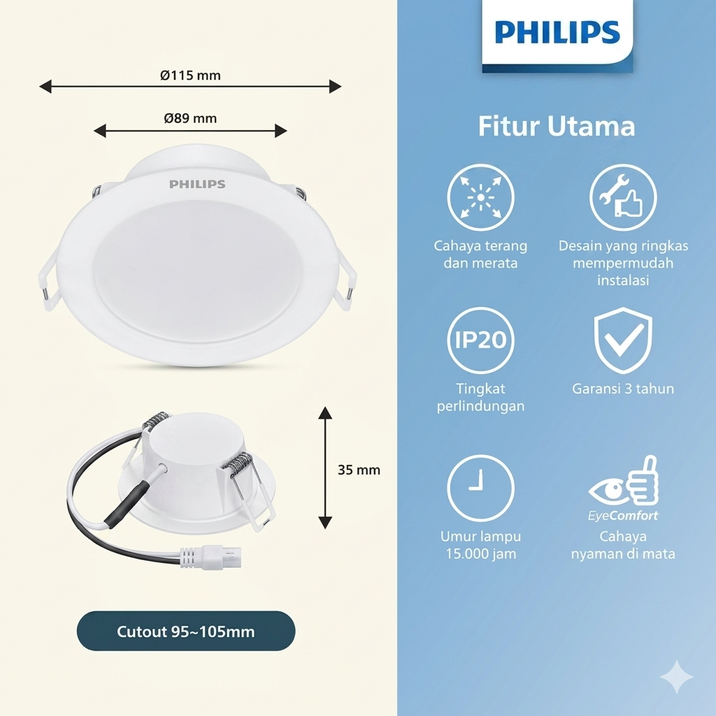 Philips LED Downlight Eridani 7W Putih Kuning 6500K 3000K Cutout 100mm - Image 2